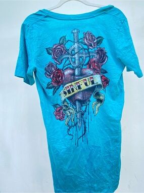 Y2K Sinful by Affliction Blue Tatto Graphic Print Rhinestone T-shirt Size Large